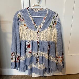 POL Blue Striped Floral Lace Blouse